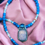 Carved Rose Quartz and Apatite sterling silver pendant and matching gemstone necklace set     $65