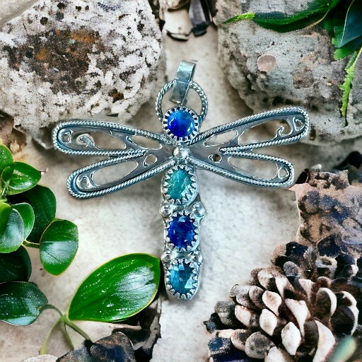 Kyanite Gemstones Dragonfly Sterling silver Pendant.     $75