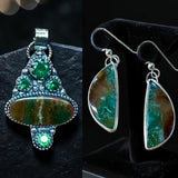 RESERVED 💚 Blue Opal Petrified Wood and Emeralds Pendant and Earring Set    $125