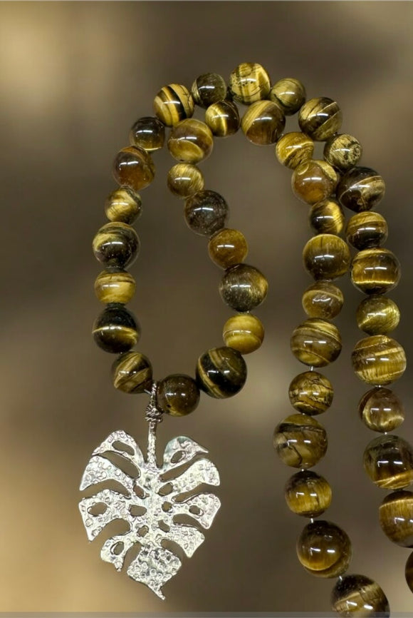 Monstera Leaf and Tiger Eye Pendant necklace set $60