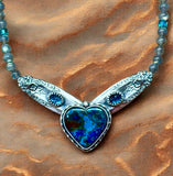 Chrysocolla Heart , Kyanite and Flower bar pendant necklace set.       $90