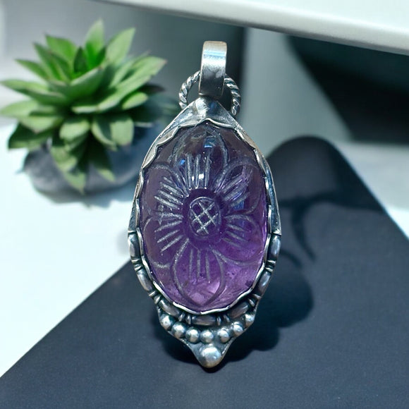 Craved Amethyst Sterling Silver Pendant.   $55