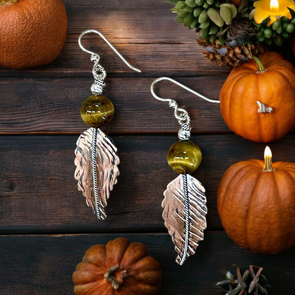 Tiger Eye Copper Leaf and Sterling Silver Earrings.    $25