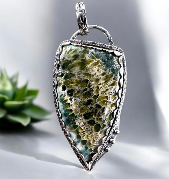 Green Plume Agate Sterling Silver Pendant.   $80