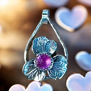 Pink Sapphire Flower sterling silver pendant.   $65