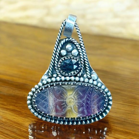 Carved Fluorite and Kyanite Sterling Silver Pendant.      $65