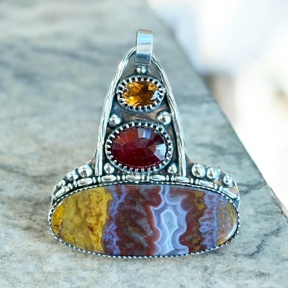 Crazy Lace Agate, Garnet and Citrine Sterling Silver Pendant.   $65