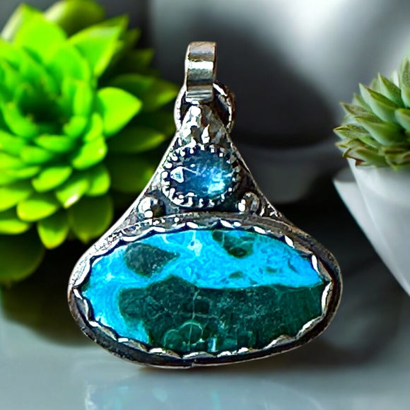 Malachite Chrysocolla And Kyanite Sterling Silver Pendant.    $65