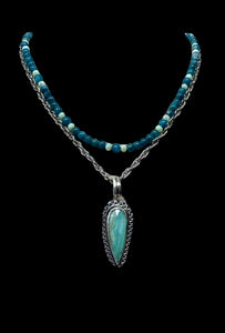 Blue Opal Wood Sterling Silver pendant and beaded gemstone necklace set.   $90