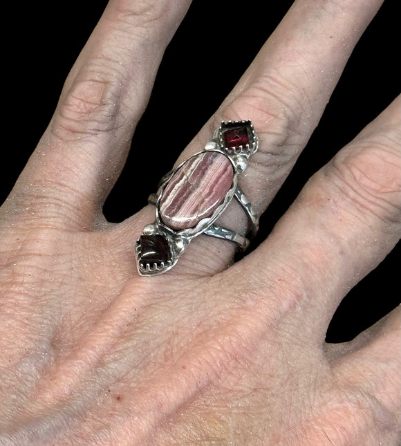 Rhodochrosite and Garnet Sterling Silver Ring SIZED TO ORDER.  $55