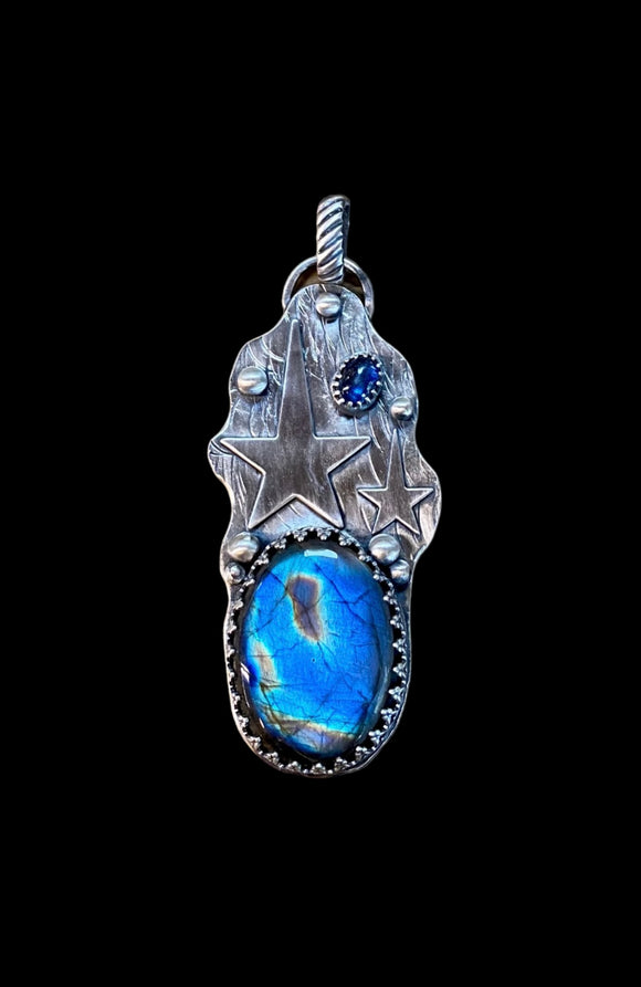 Labradorite and Kyanite Moon and Stars  sterling silver large pendant.       $65