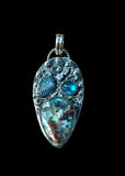 Chrysocolla and Copper in Chalcedony , kyanite and apatite sterling silver pendant      $75