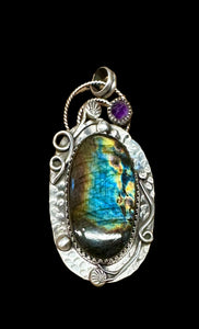 Labradorite Large Multi color and Amethyst Sterling Silver pendant     $80