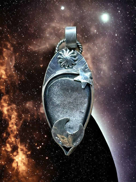 Silver Sheen Obsidian Moon , Star and Sun Sterling silver pendant.    $65