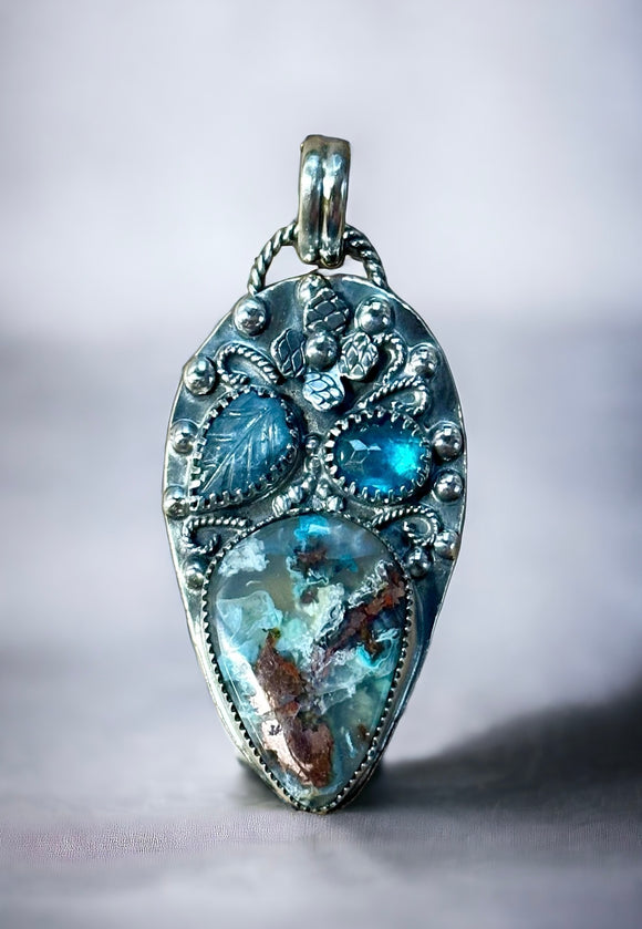 Chrysocolla and Copper in Chalcedony , kyanite and apatite sterling silver pendant      $75