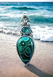 Malachite and Kyanite Sterling Silver Pendant.     $55