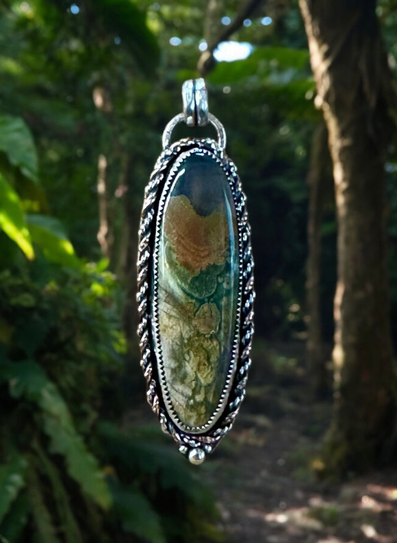 Rainforest Rhyolite Sterling Silver Pendant.   $75