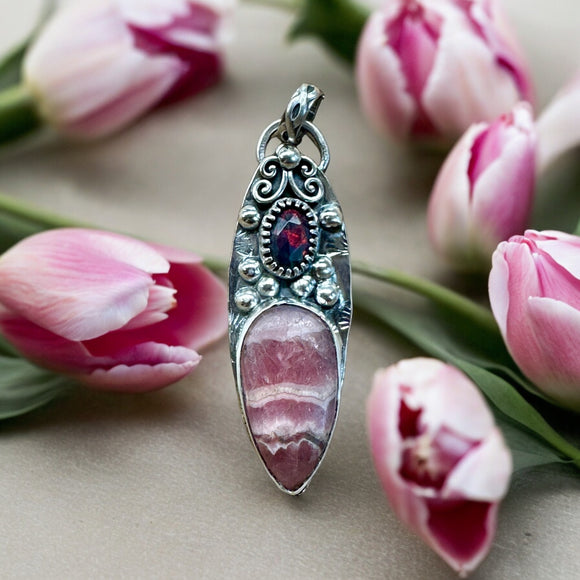 Rhodochrosite and Black Opal Sterling Silver Pendant.   $55