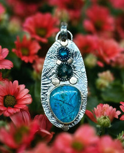 Chrysocolla, Moss Agate and Apatite Sterling Silver Pendant.    $70