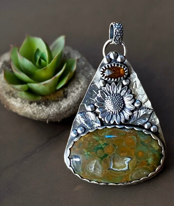 Rainforest Rhyolite Sunflower Sterling Silver Pendant.    $70