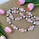 Rose Quartz , Mother of Pearl and Crystal Sterling Silver Necklace