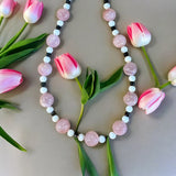 Rose Quartz , Mother of Pearl and Crystal Sterling Silver Necklace