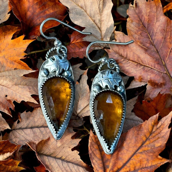 Hessonite Garnet Leaf  Sterling Silver Earrings