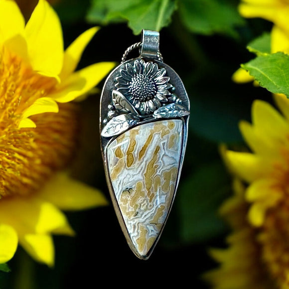 Mystery Mountain Agate Sunflower 🌻 Sterling Silver Pendant.   $75