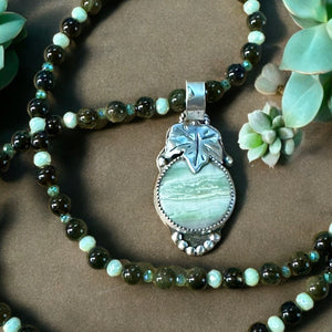 Green Jasper Leaf Sterling Silver Pendant and matching gemstone necklace set $70