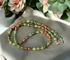 Jasper, Goldstone and Peridot Gemstone Beaded Necklace.   $30