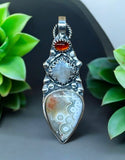 Crazy Lace Agate , Moonstone and Garnet Sterling Silver Pendant.    $70