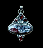 Crazy Lace Agate and Garnet sterling silver pendant.   $70