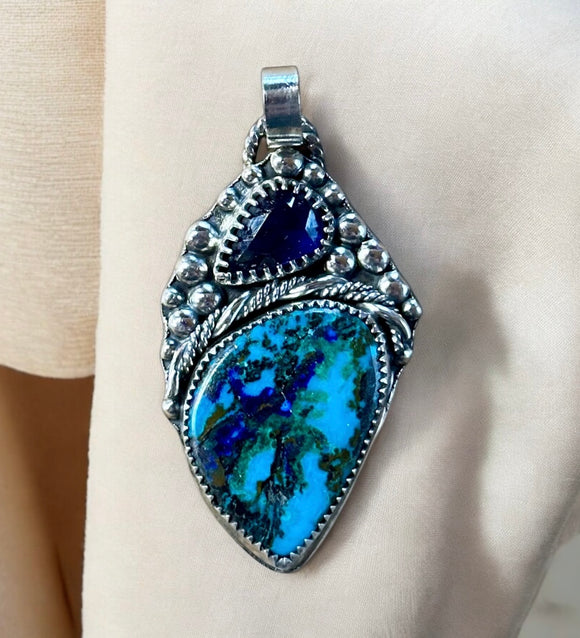 Chrysocolla Malachite and Azurite and Blue Sapphire sterling silver pendant.   $75