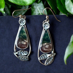 Moss Agate Sterling Silver Leaf Earrings.   $50