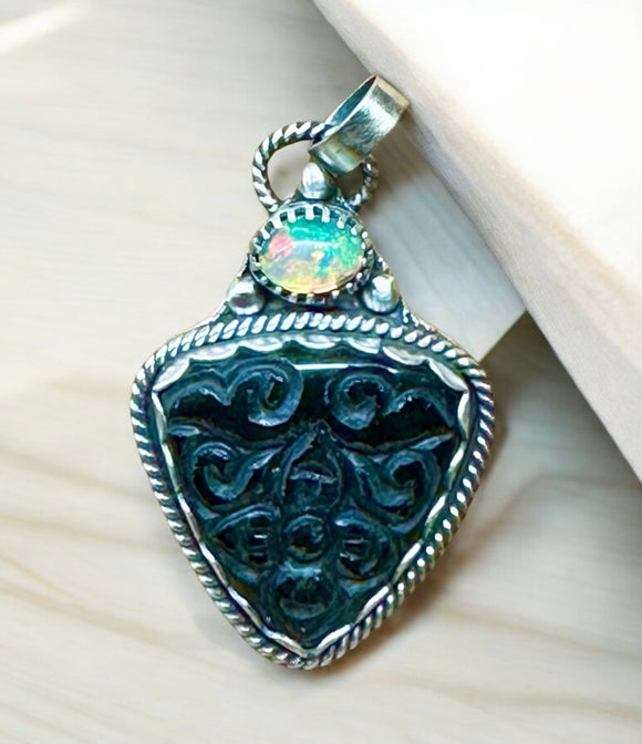 Craved Silver Sheen Obsidian and Opal Sterling Silver Pendant.   $70