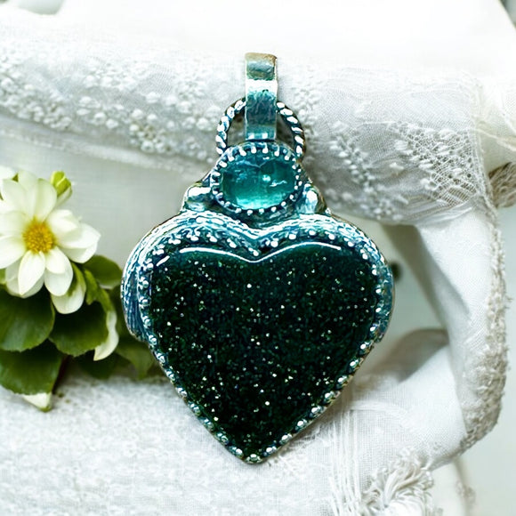 Green Goldstone Heart and Kyanite Sterling Silver Pendant.    $65