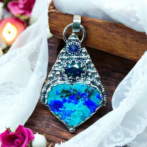 Chrysocolla with Azurite, Ethiopian Opal and Kyanite Sterling Silver pendant      $80