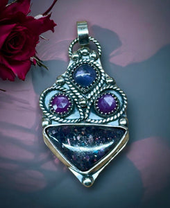 Iolite Sunstone, Sapphire and Iolite Sterling Silver Pendant.   $75