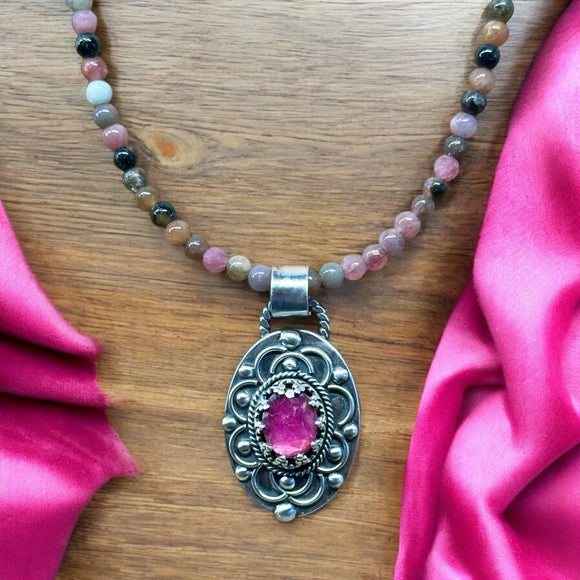 Pink Sapphire sterling silver pendant and Tourmaline gemstone necklace set   $75