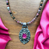 Pink Sapphire sterling silver pendant and Tourmaline gemstone necklace set   $75