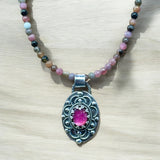 Pink Sapphire sterling silver pendant and Tourmaline gemstone necklace set   $75