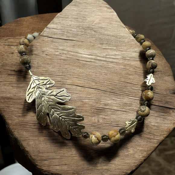 Picture Jasper Smoky Quartz golden Leaf Pendant set.      $60