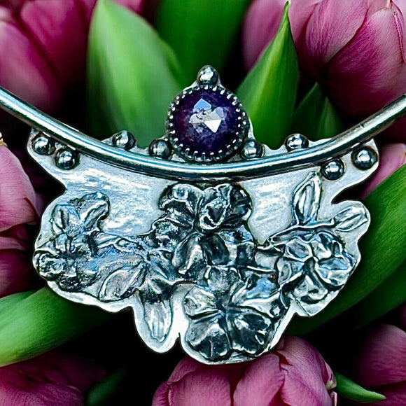 Sapphire sterling silver floral pendant and matching tourmaline gemstone necklace.      $90