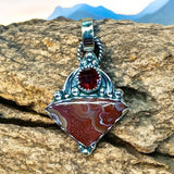Crazy Lace Agate and Garnet sterling silver pendant.      $70