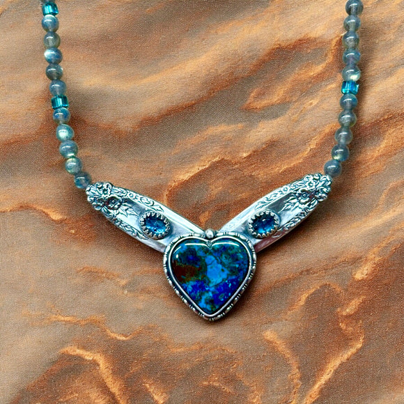 Chrysocolla Heart , Kyanite and Flower bar pendant necklace set.       $90