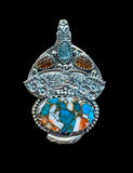 Mohave Turquoise and Spiny Oyster large sterling silver pendant.  $125