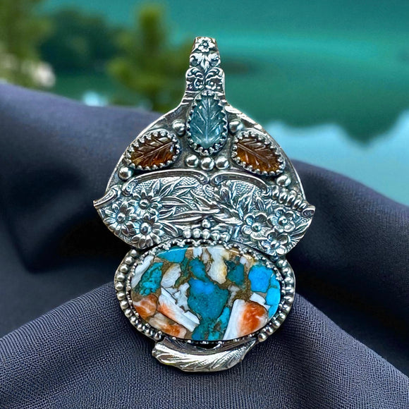 Mohave Turquoise and Spiny Oyster large sterling silver pendant.  $125