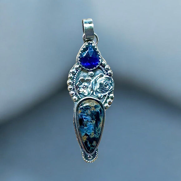 Namibian Pietersite and Sapphire Sterling Silver Pendant.      $70