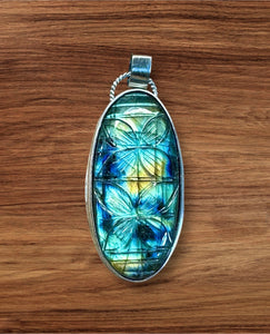 Carved Labradorite Sterling Silver Pendant.   $75