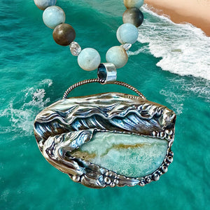 Aragonite Crashing Wave sterling silver pendant and Amazonite necklace set.  $150